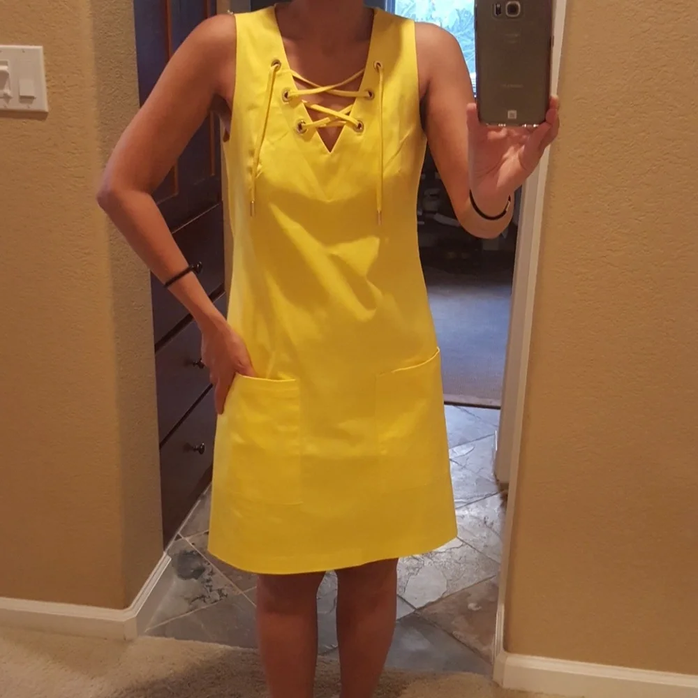 Calvin Klein Yellow Lace-Up Midi Dress